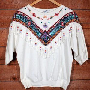 Vintage Hazelwood Shirt Top Womens White Indian Tassel Western Rodeo Large 90s